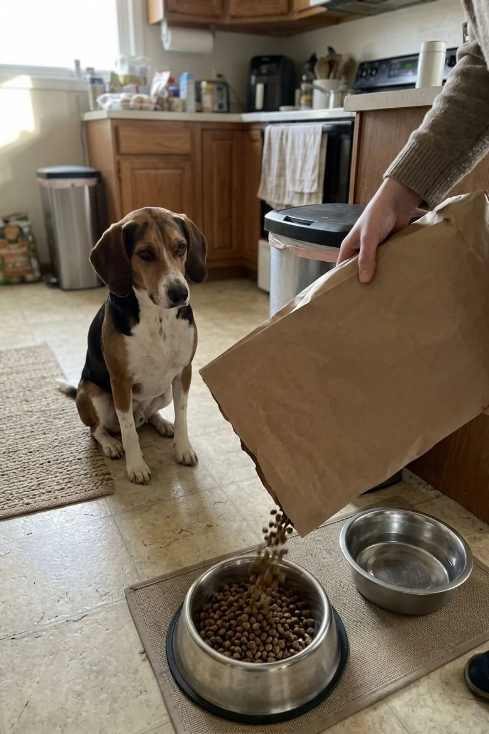 Beagle sitting by food bowls while an owner holds a brown paper bag.