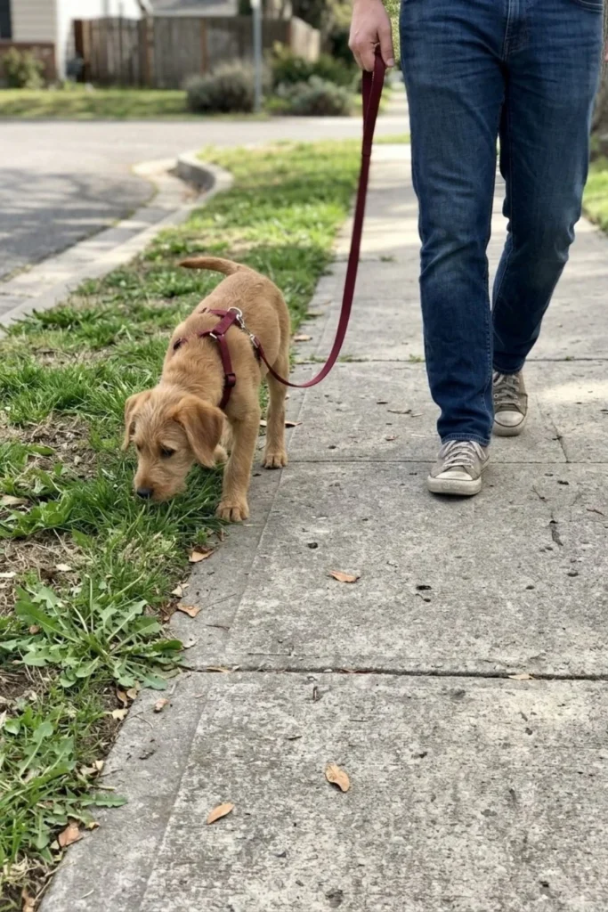 Small dachshund walking on a neighborhood sidewalk with its owner.