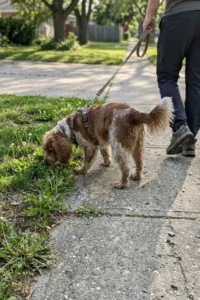 Shaggy terrier mix walking on a neighborhood sidewalk with its owner.