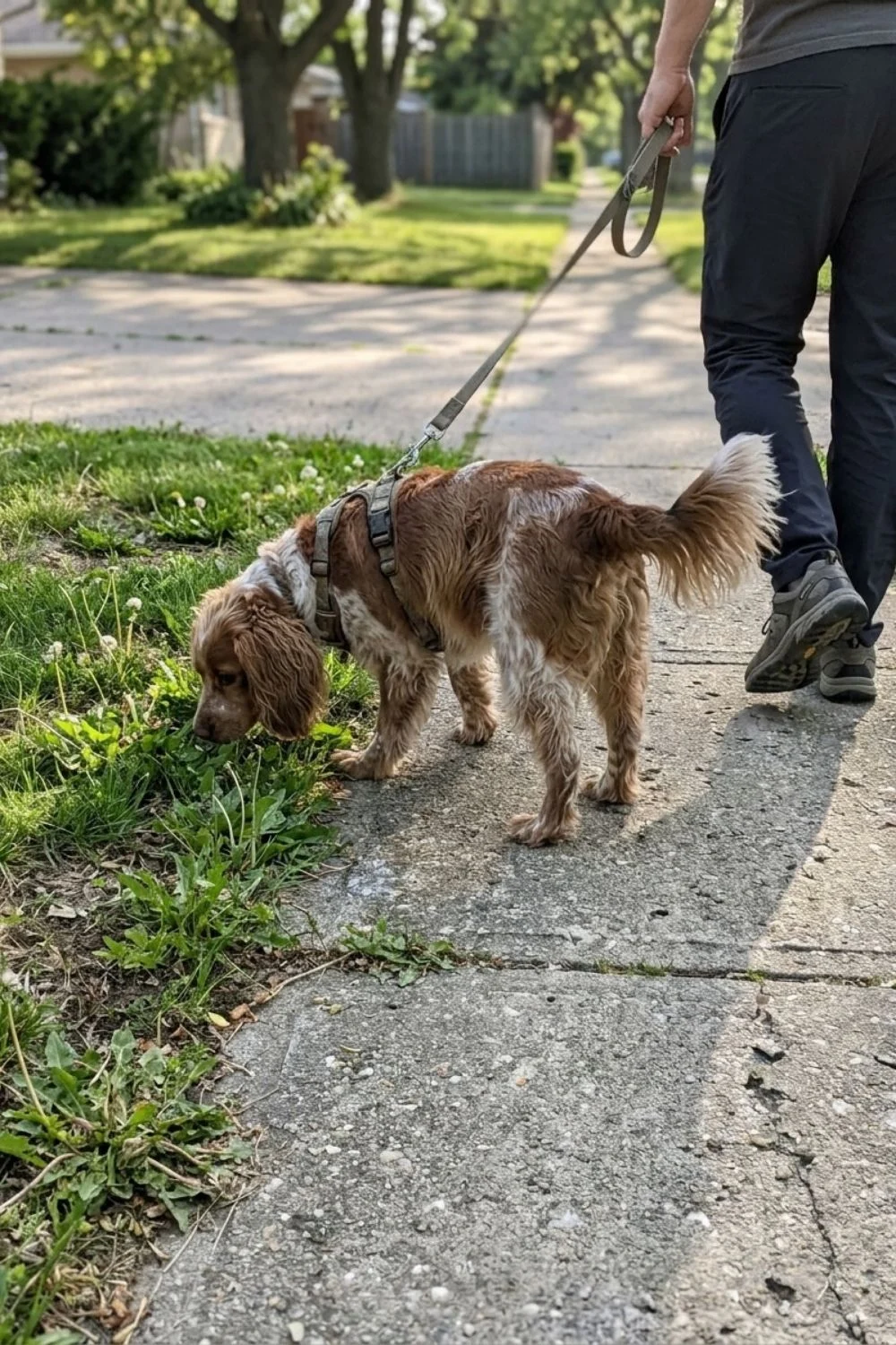 Shaggy terrier mix walking on a neighborhood sidewalk with its owner.