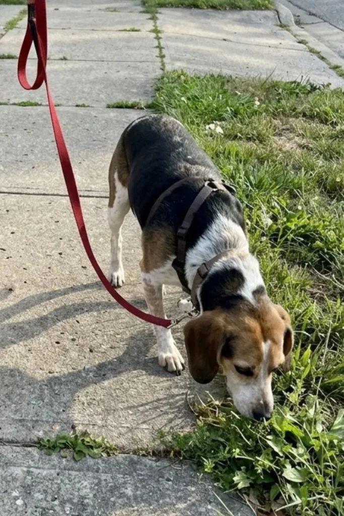 Beagle sniffing grass beside a sidewalk on a red leash.