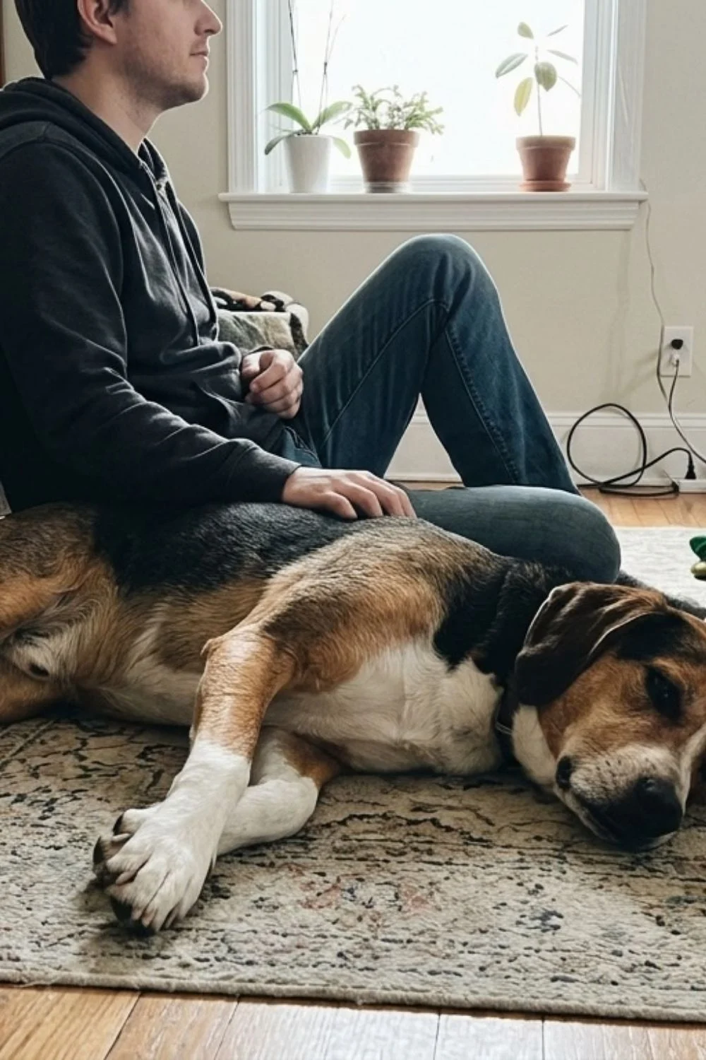 Beagle lying on a rug beside a seated owner in the living room.