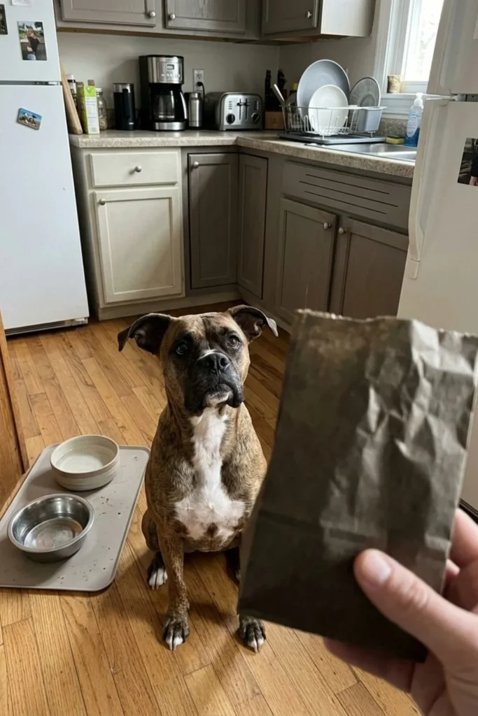 Boxer sitting by food bowls while an owner holds a brown paper bag.