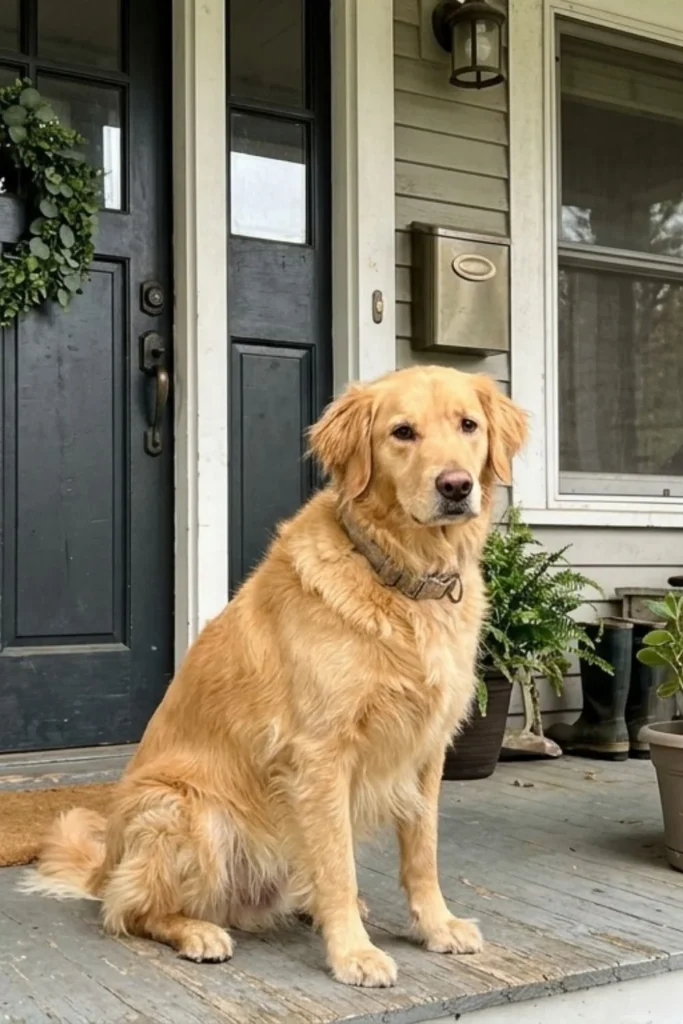 Golden retriever sitting on a front porch near the door.