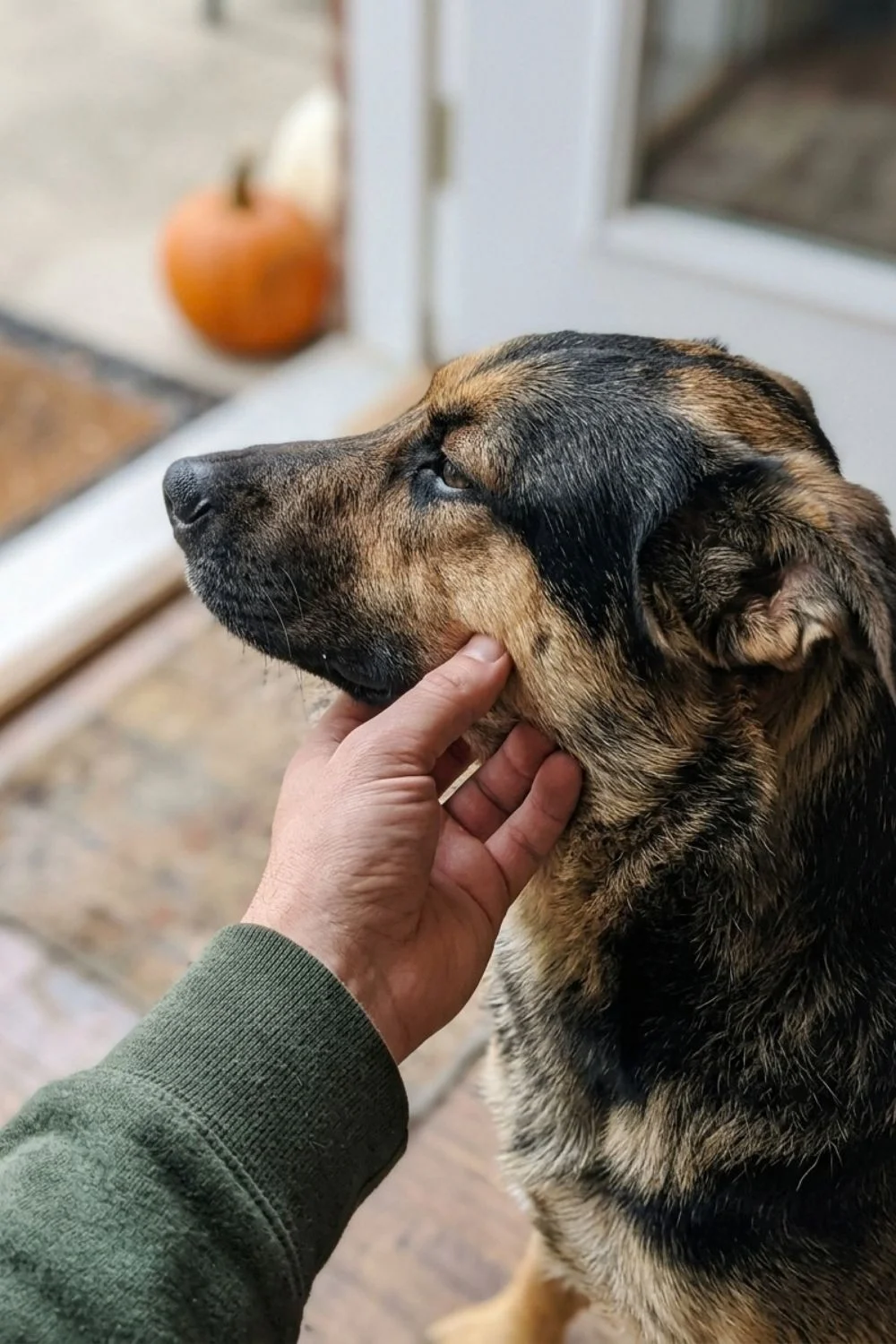 Dog sitting indoors beside a small orange pumpkin while an owner scratches its chin.