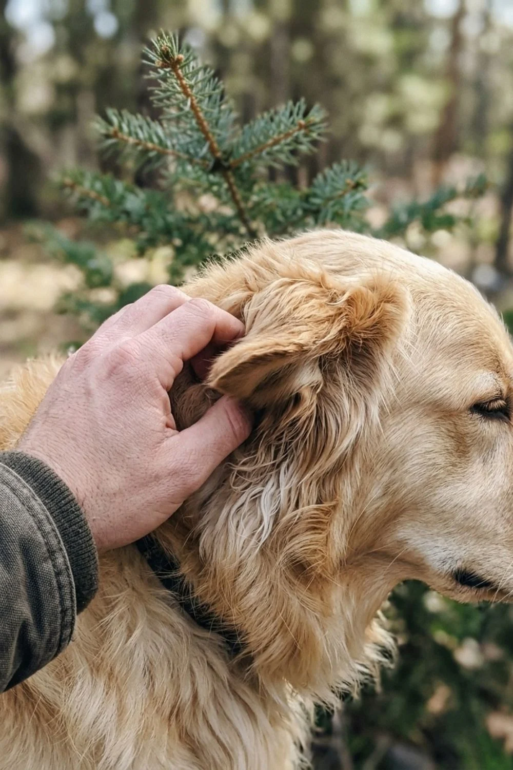 Golden retriever being petted outdoors beside evergreen branches.