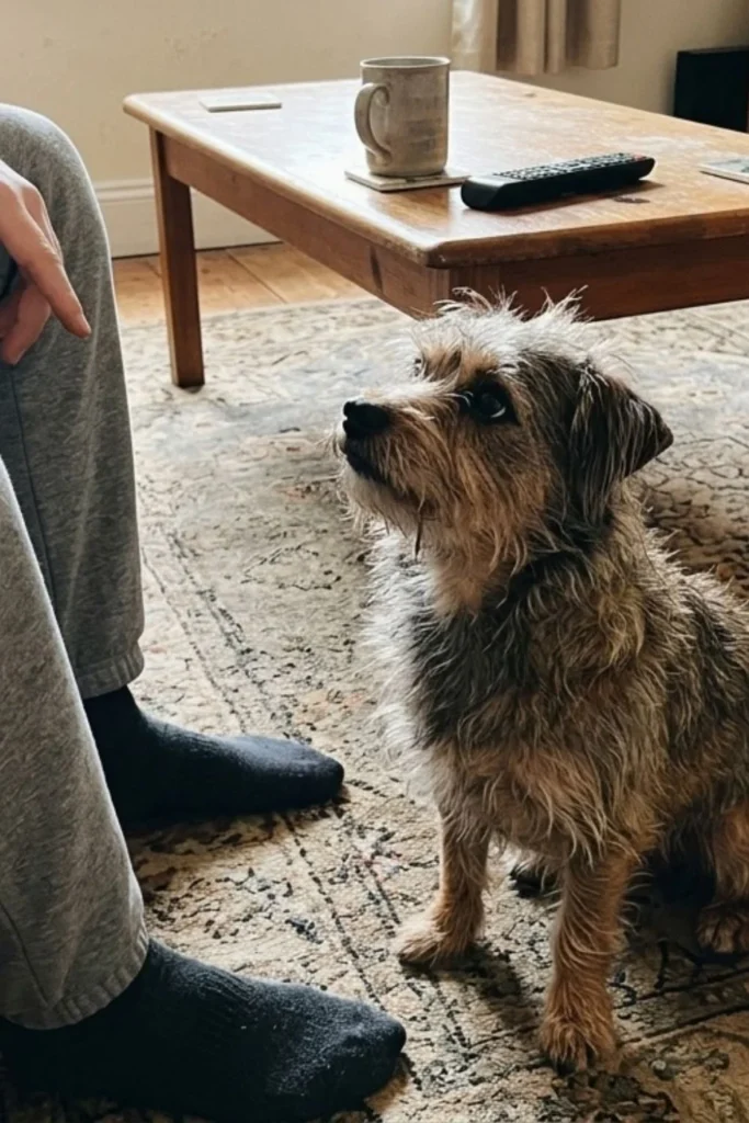 Small shaggy puppy sitting on a living-room rug beside an owner's legs.
