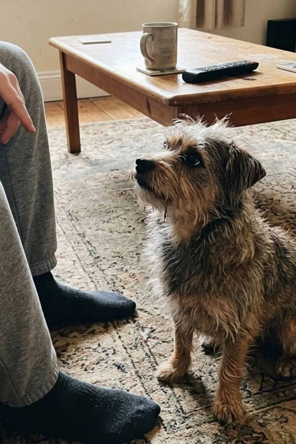 Small shaggy puppy sitting on a living-room rug beside an owner's legs.