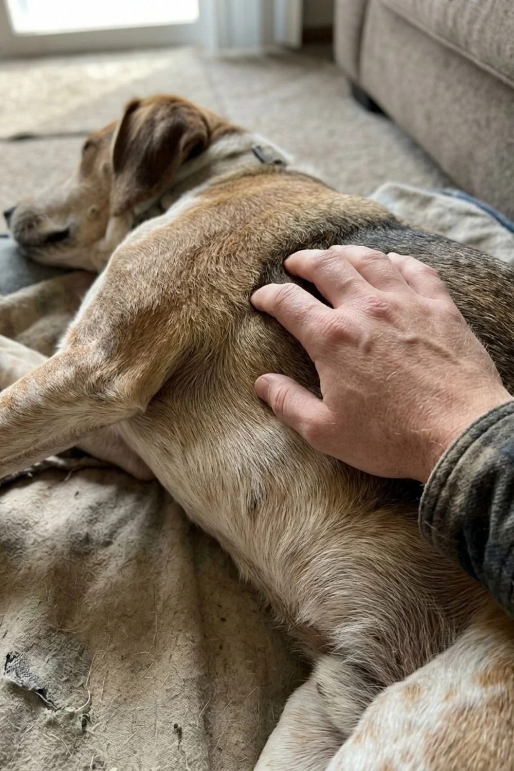 Tan hound sleeping on a worn dog bed while an owner gently pets its back.