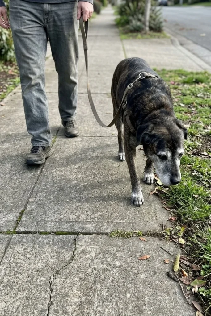 Gray-muzzled dog walking slowly on a neighborhood sidewalk with its owner.