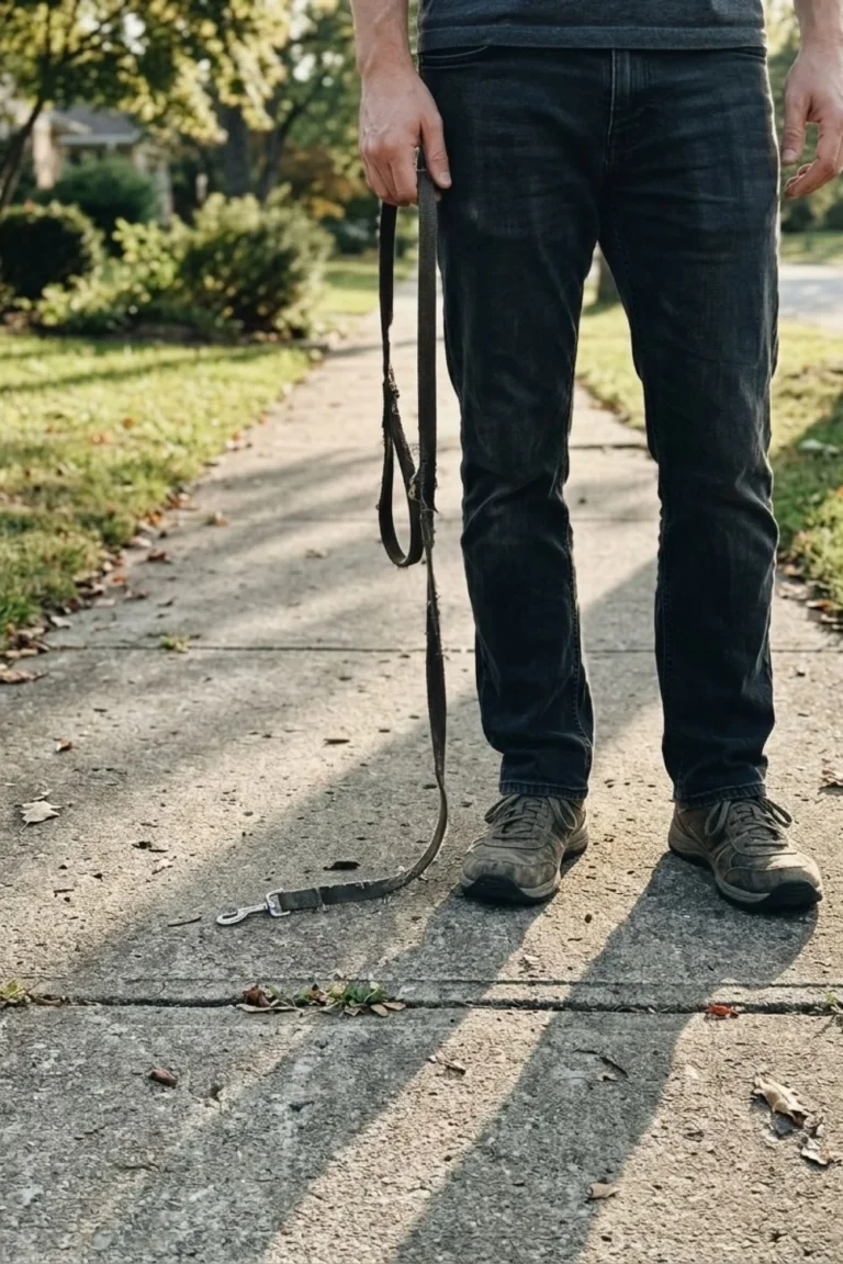 Dog owner holding a loose leash on a residential sidewalk during a walk.