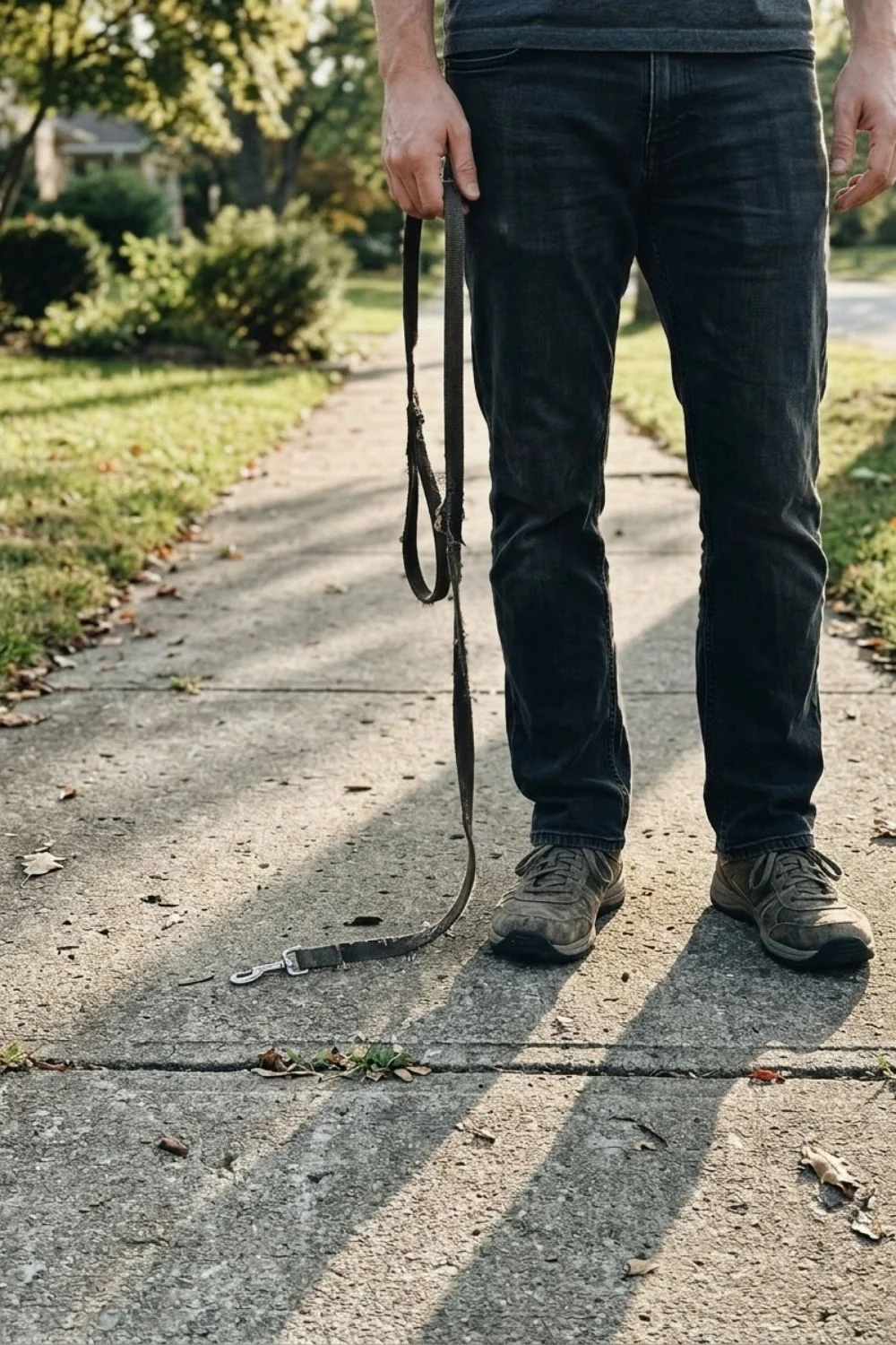 Dog owner holding a loose leash on a residential sidewalk during a walk.