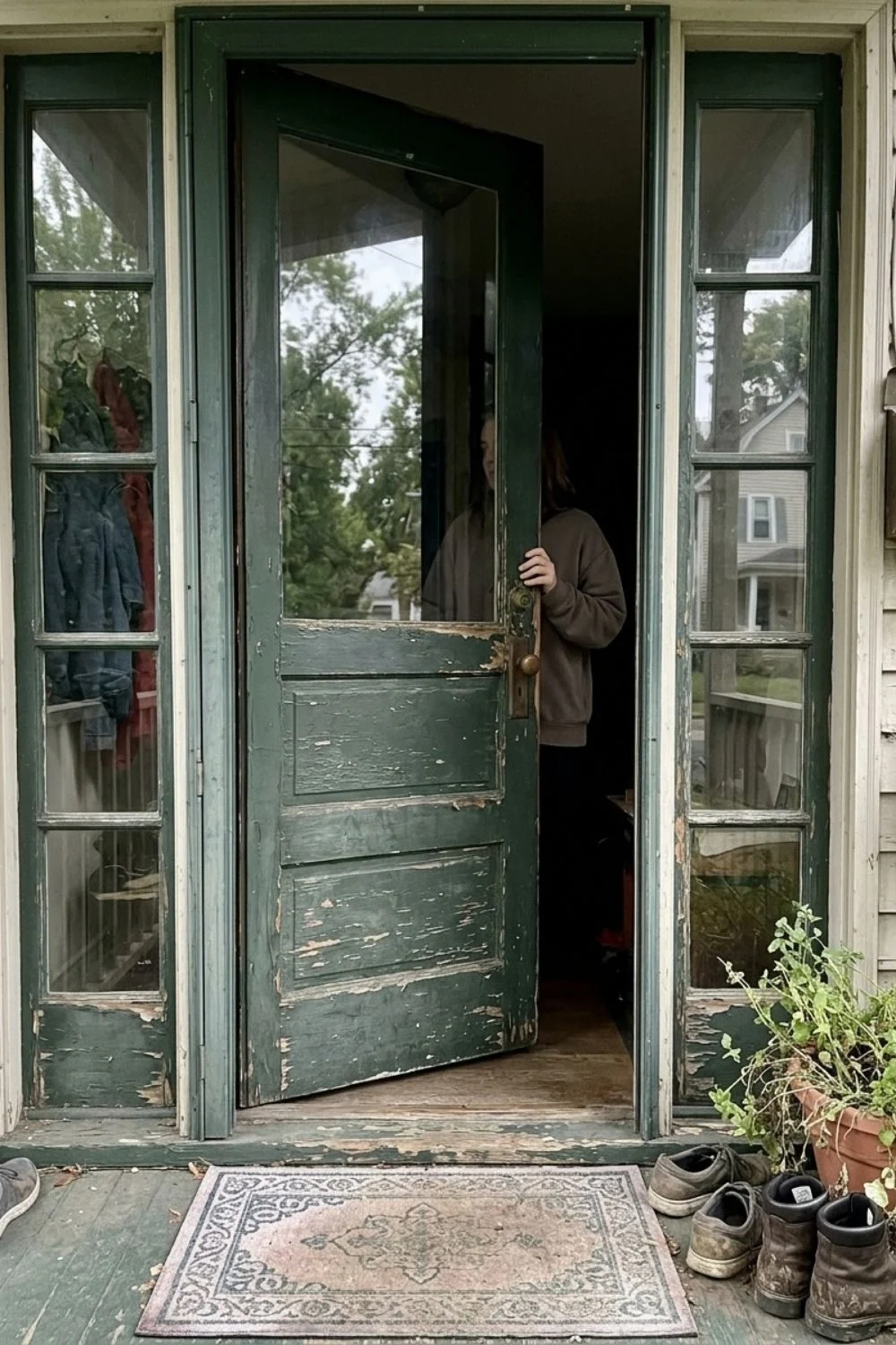 Open front door and quiet home entryway during an everyday pet moment.