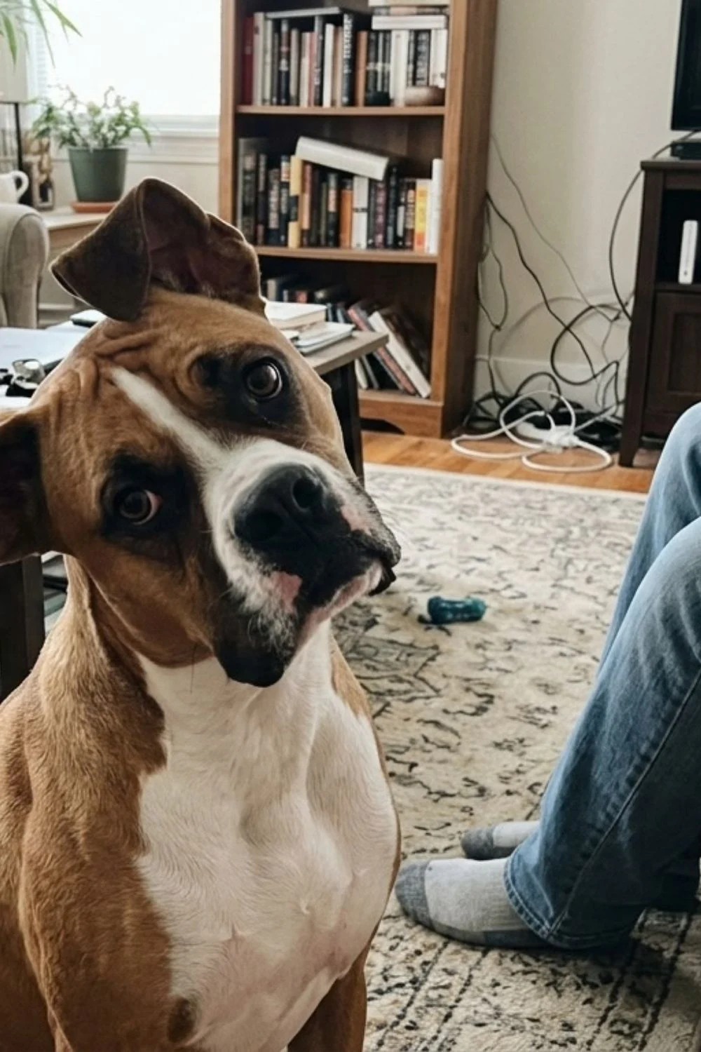 Boxer sitting close to an owner in a living room with a curious expression.