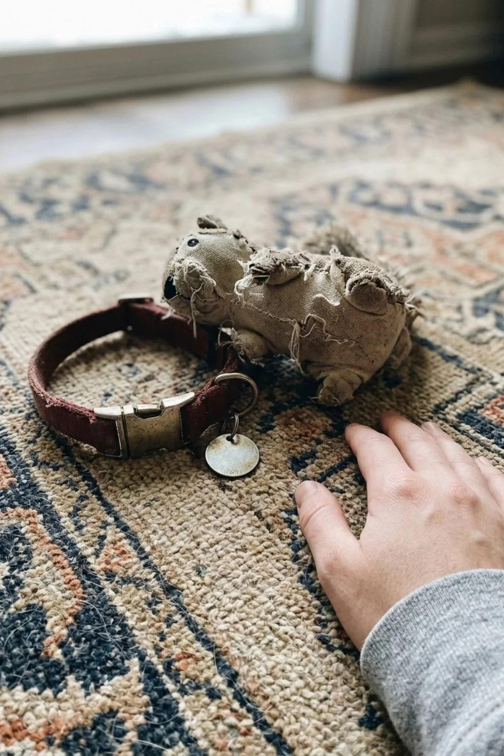 Used dog collar and tag resting on a rug beside an owner's hand.