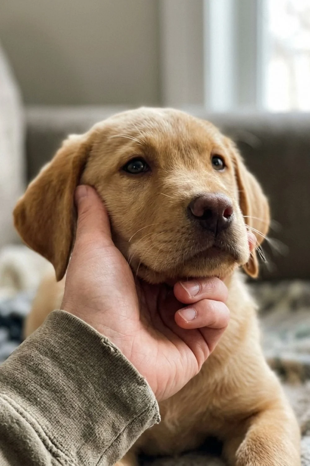 Golden retriever puppy having its face gently held by an owner indoors.