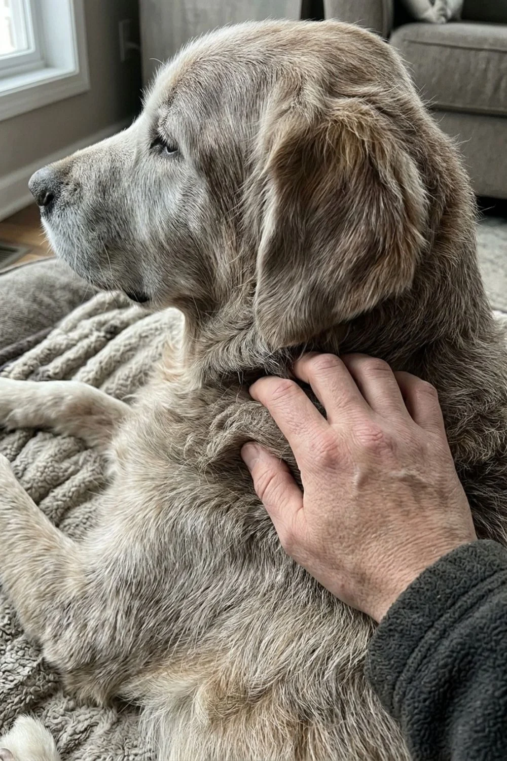 Gray-muzzled senior retriever resting by a window while an owner scratches its neck.