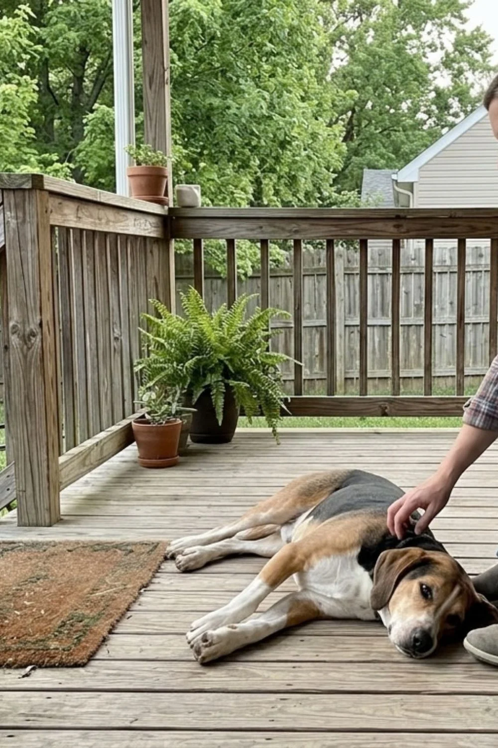 Large tan dog lying on a wooden porch while an owner pets its side.