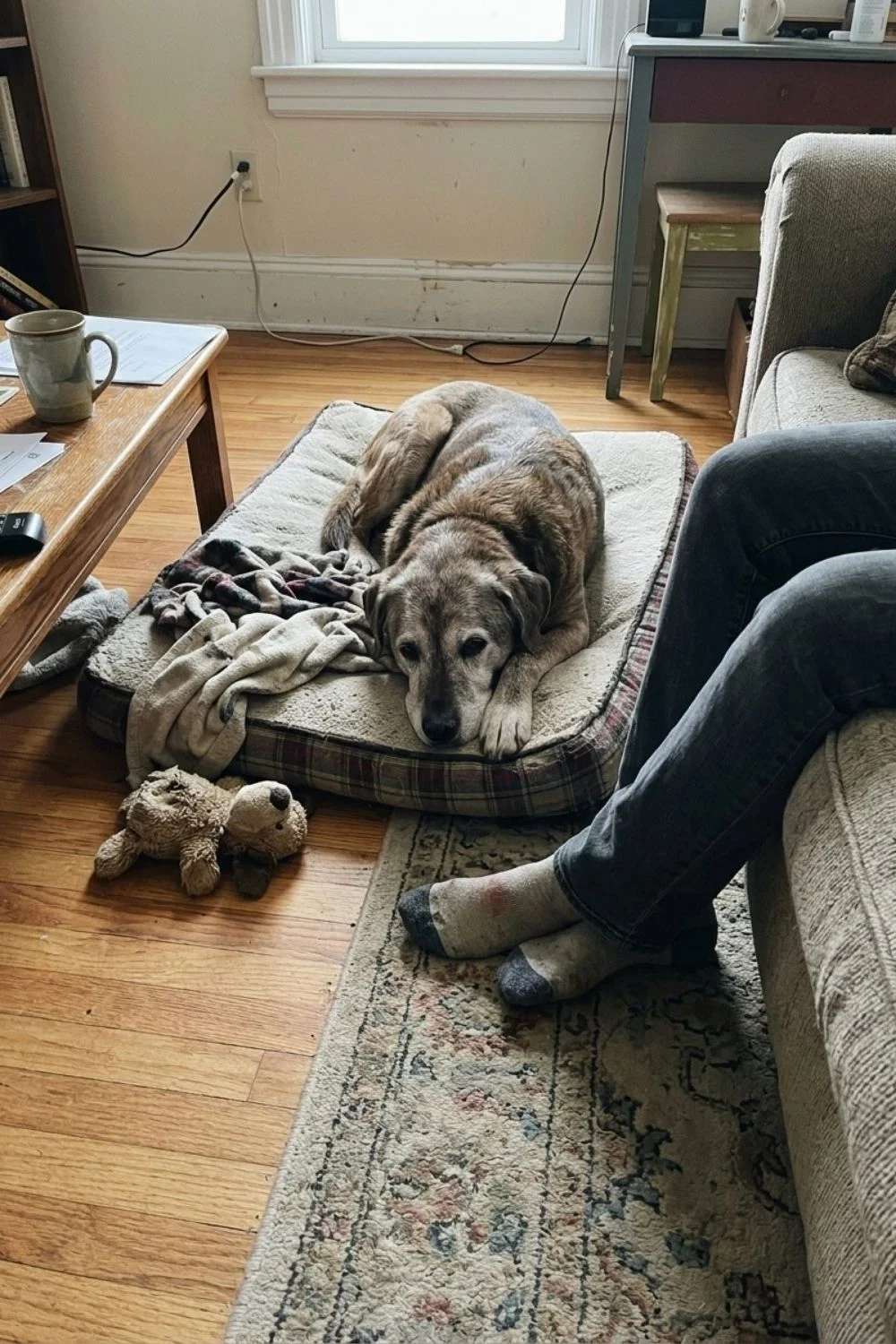 Senior gray dog resting in a dog bed beside a couch with its owner nearby.