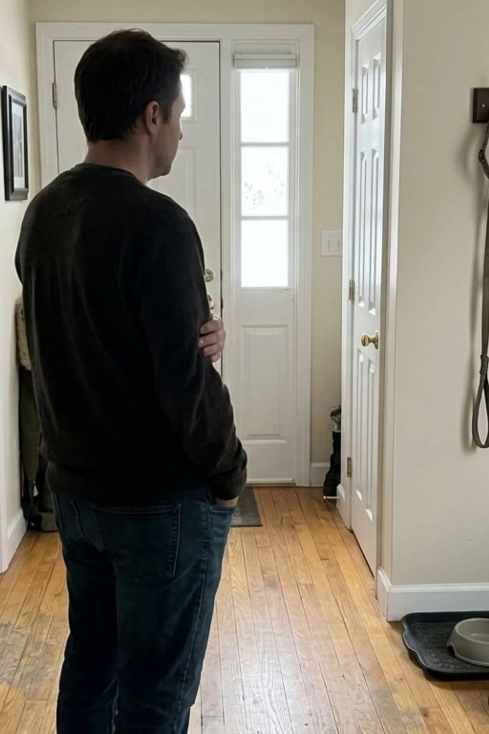 Man standing near the front door with a dog close to the entryway.