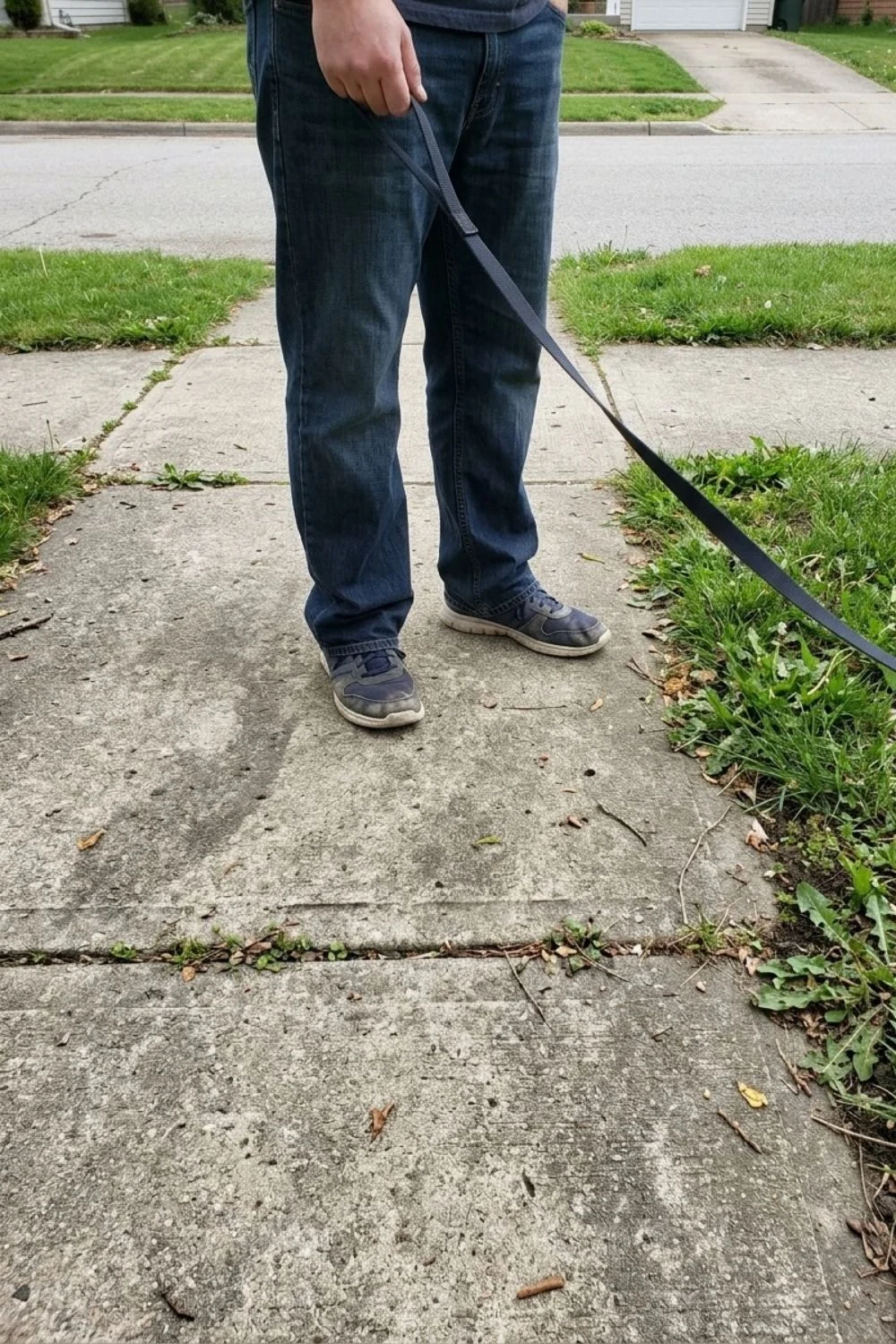 Dog walking beside an owner's lower body on a neighborhood sidewalk.