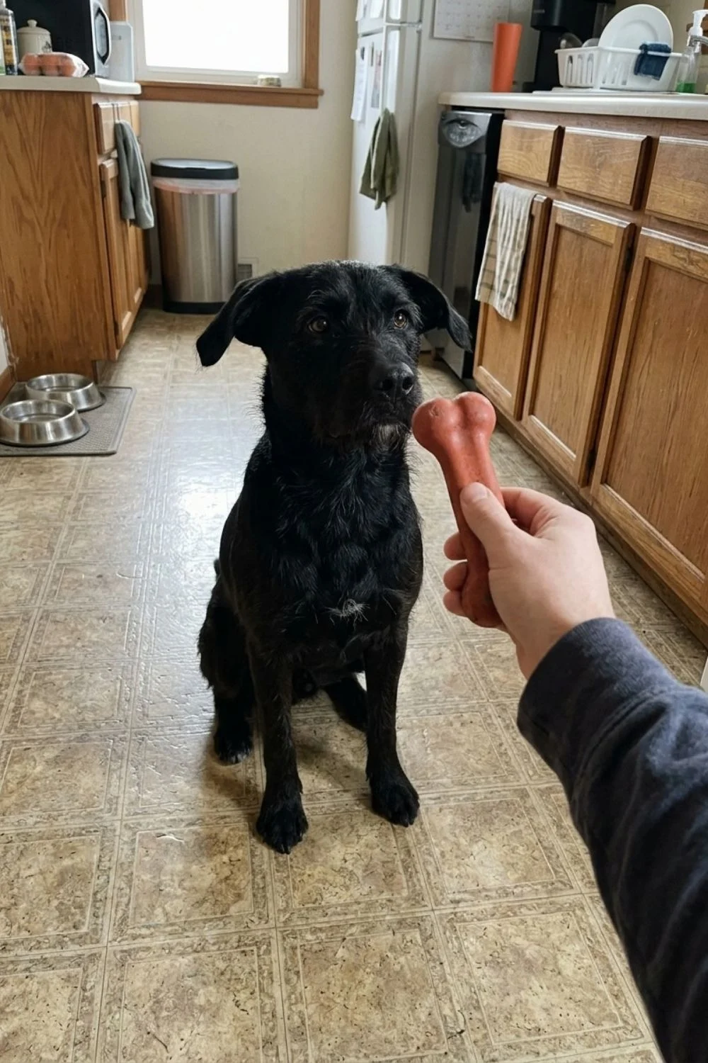 Black dog sitting in a kitchen as an owner offers a treat.
