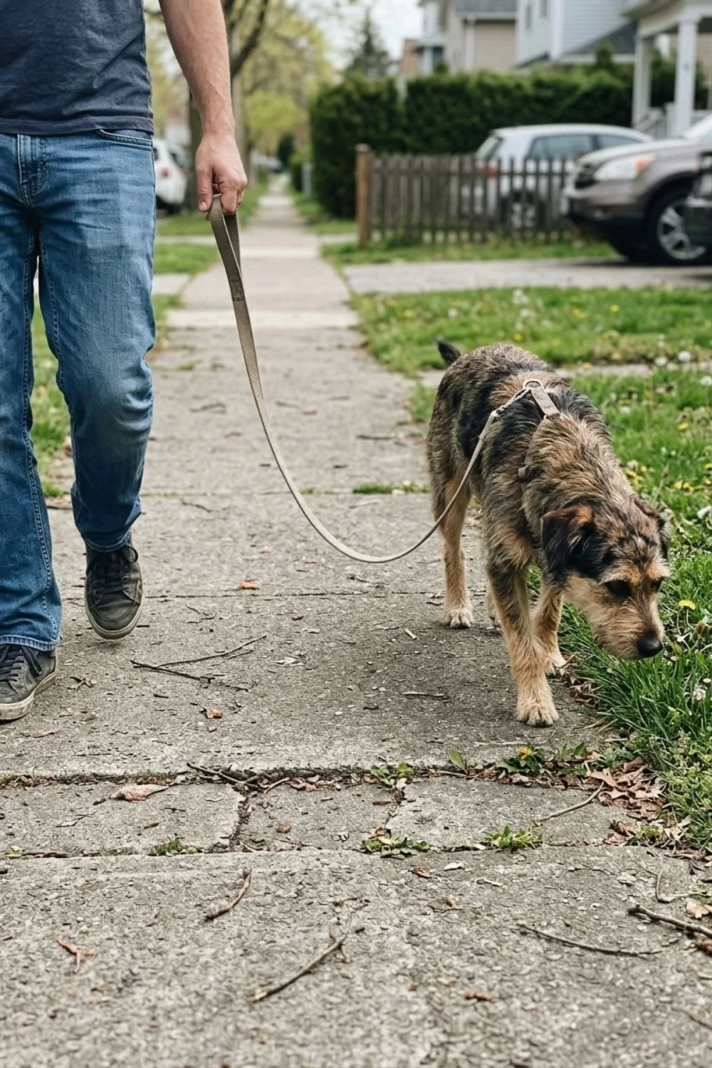German shepherd walking on a cracked neighborhood sidewalk with its owner.