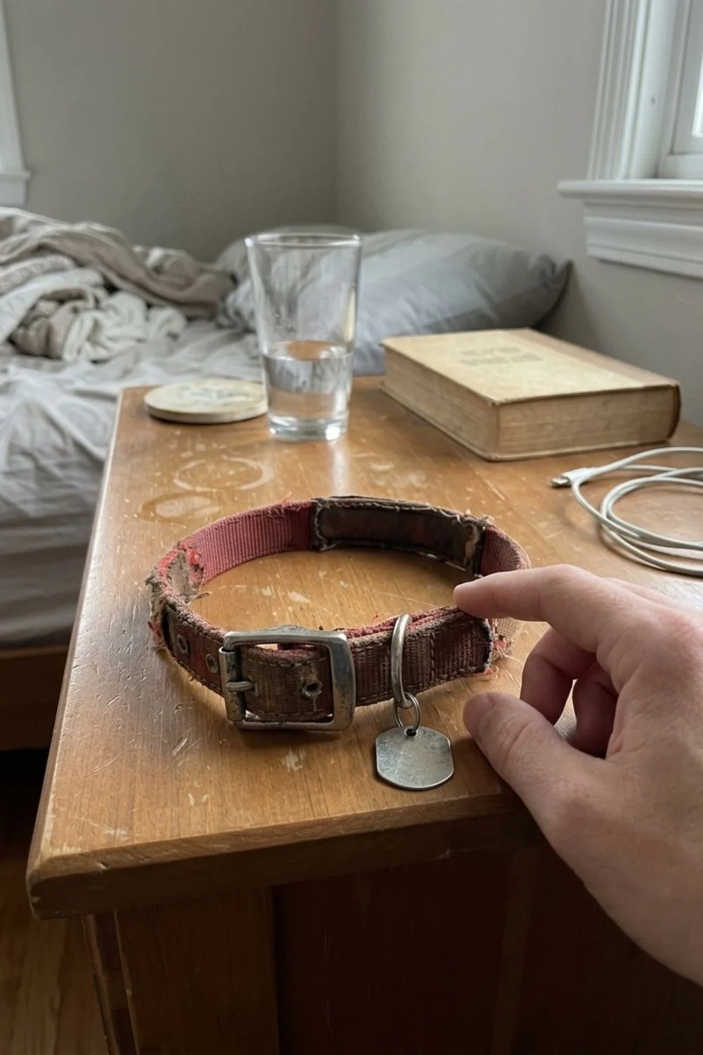 Worn dog collar held by an owner on a bedside table.