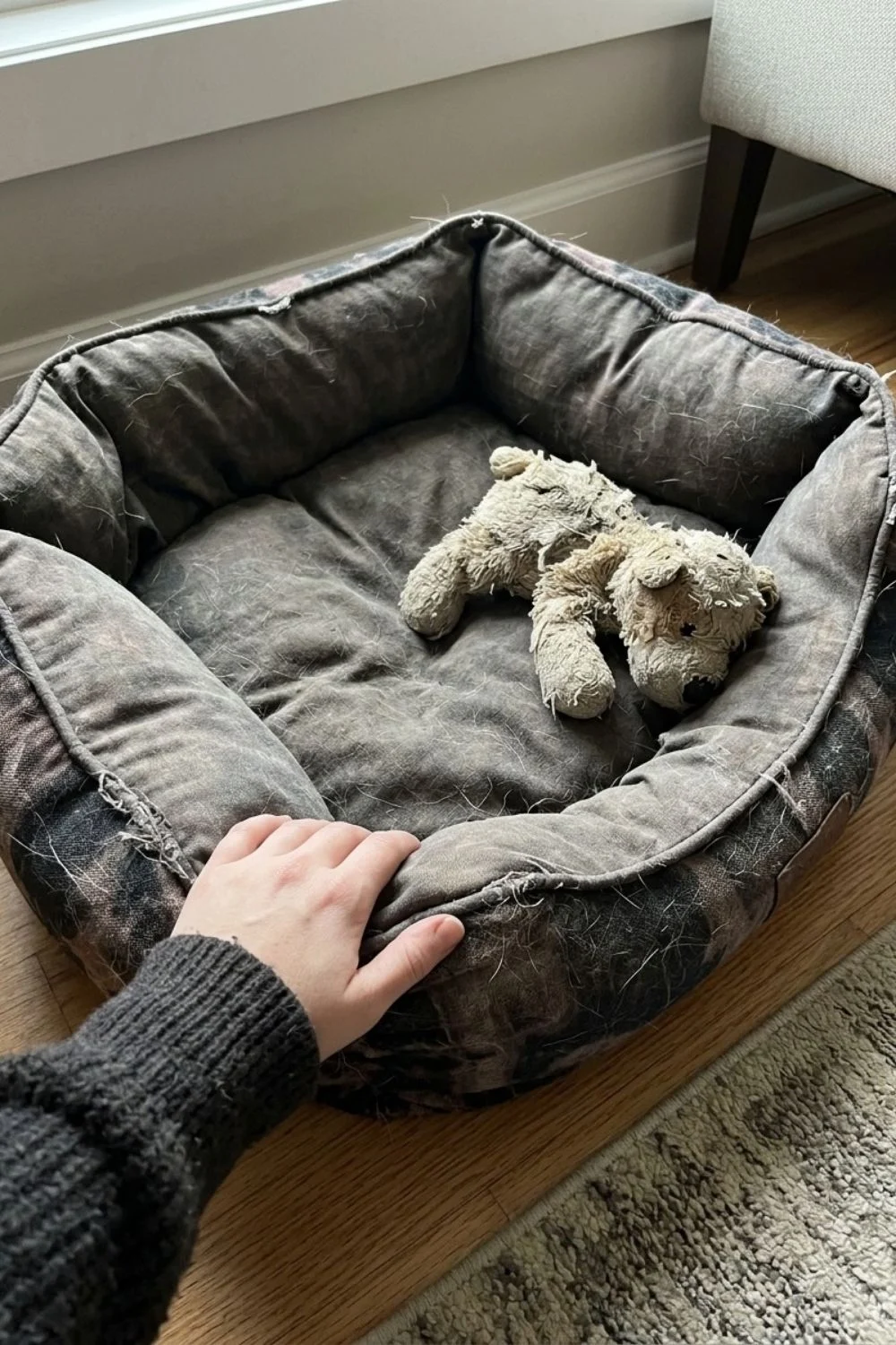 Empty dog bed with a worn stuffed toy while an owner reaches toward it.