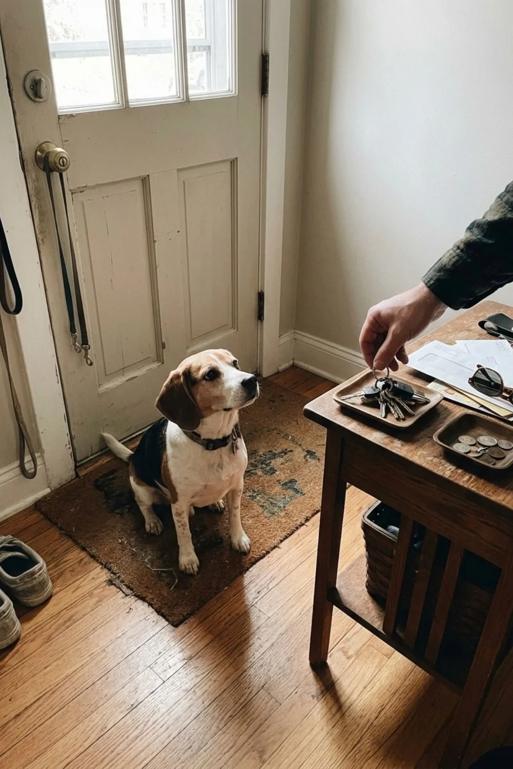 Small beagle sitting near an entryway as an owner offers a treat.