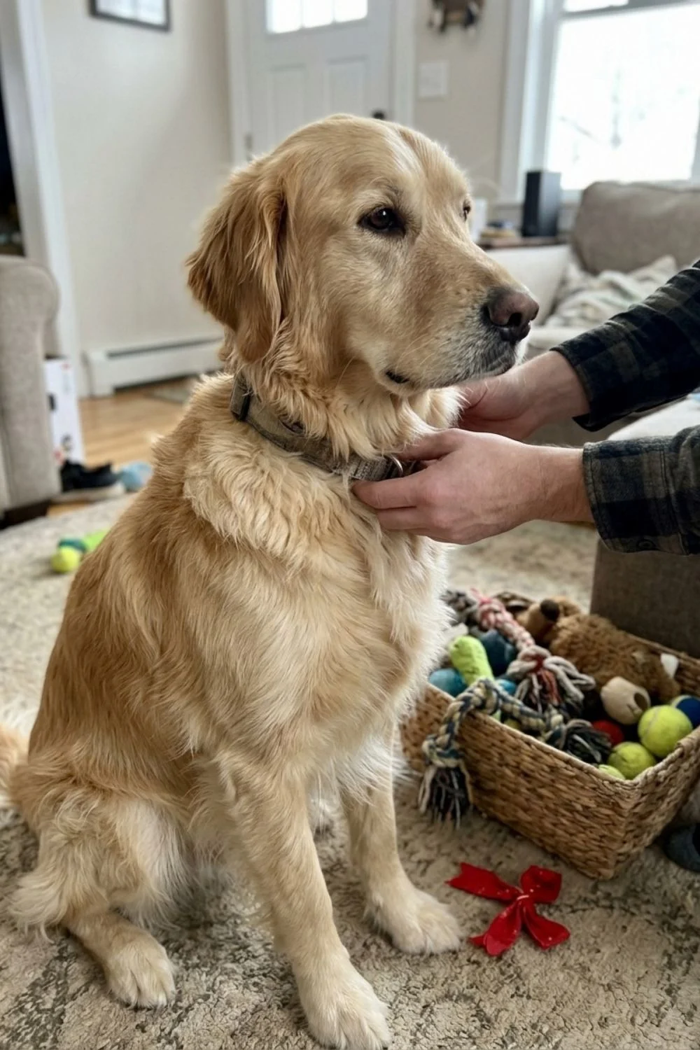 Golden retriever sitting indoors beside a basket of dog toys while its owner touches the collar.