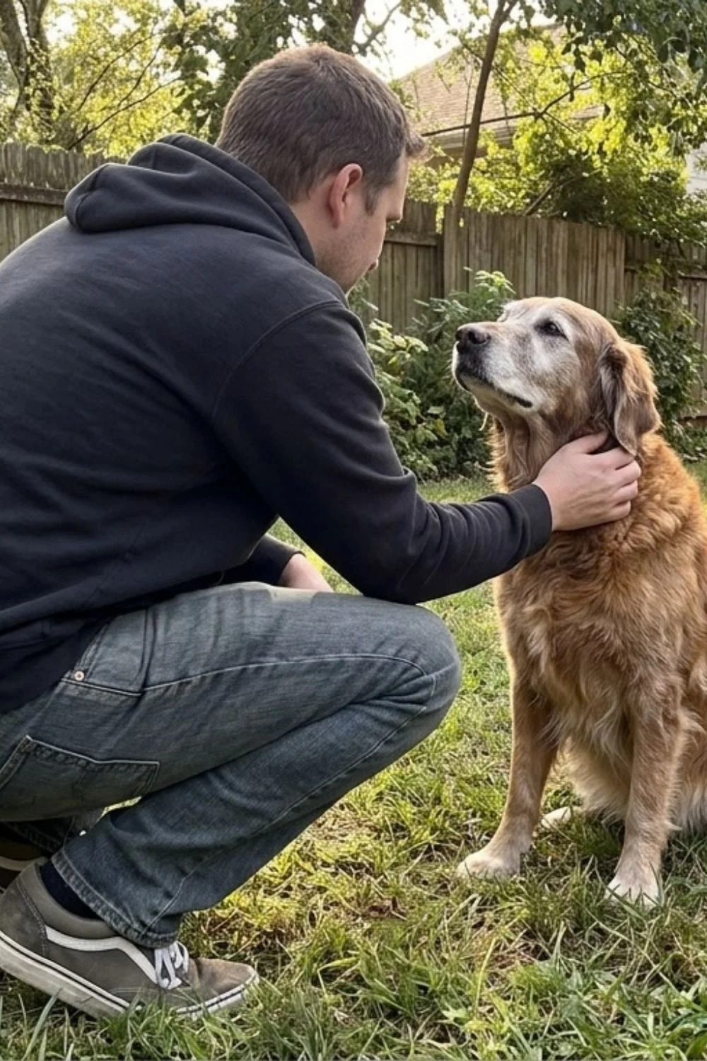 Man crouching outdoors to greet a golden retriever.