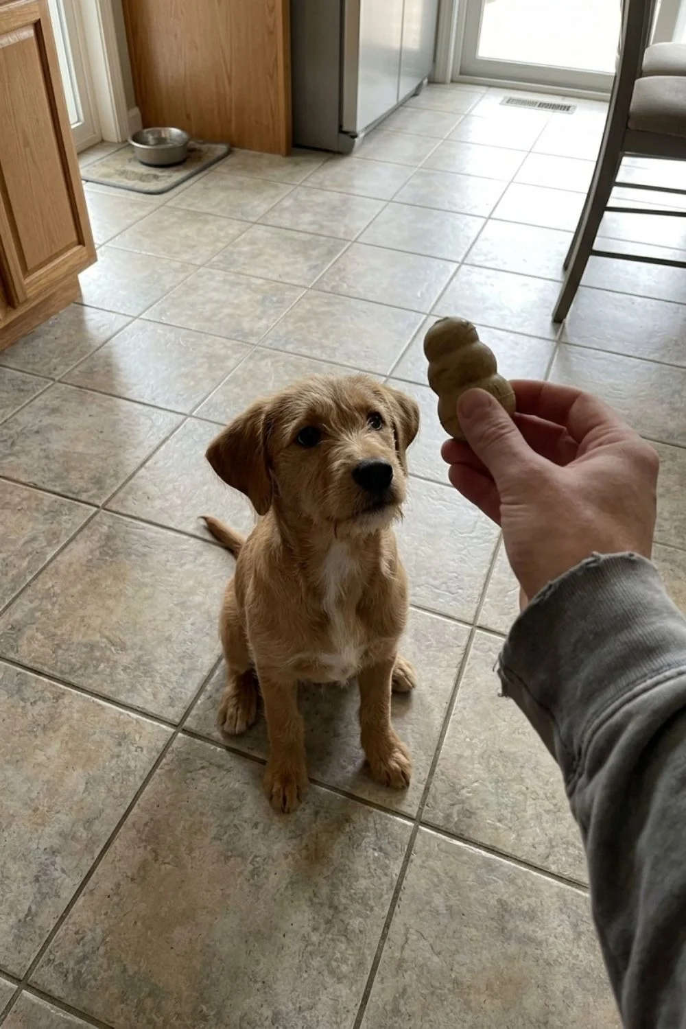 Small puppy sitting on a tile floor as an owner holds a treat.