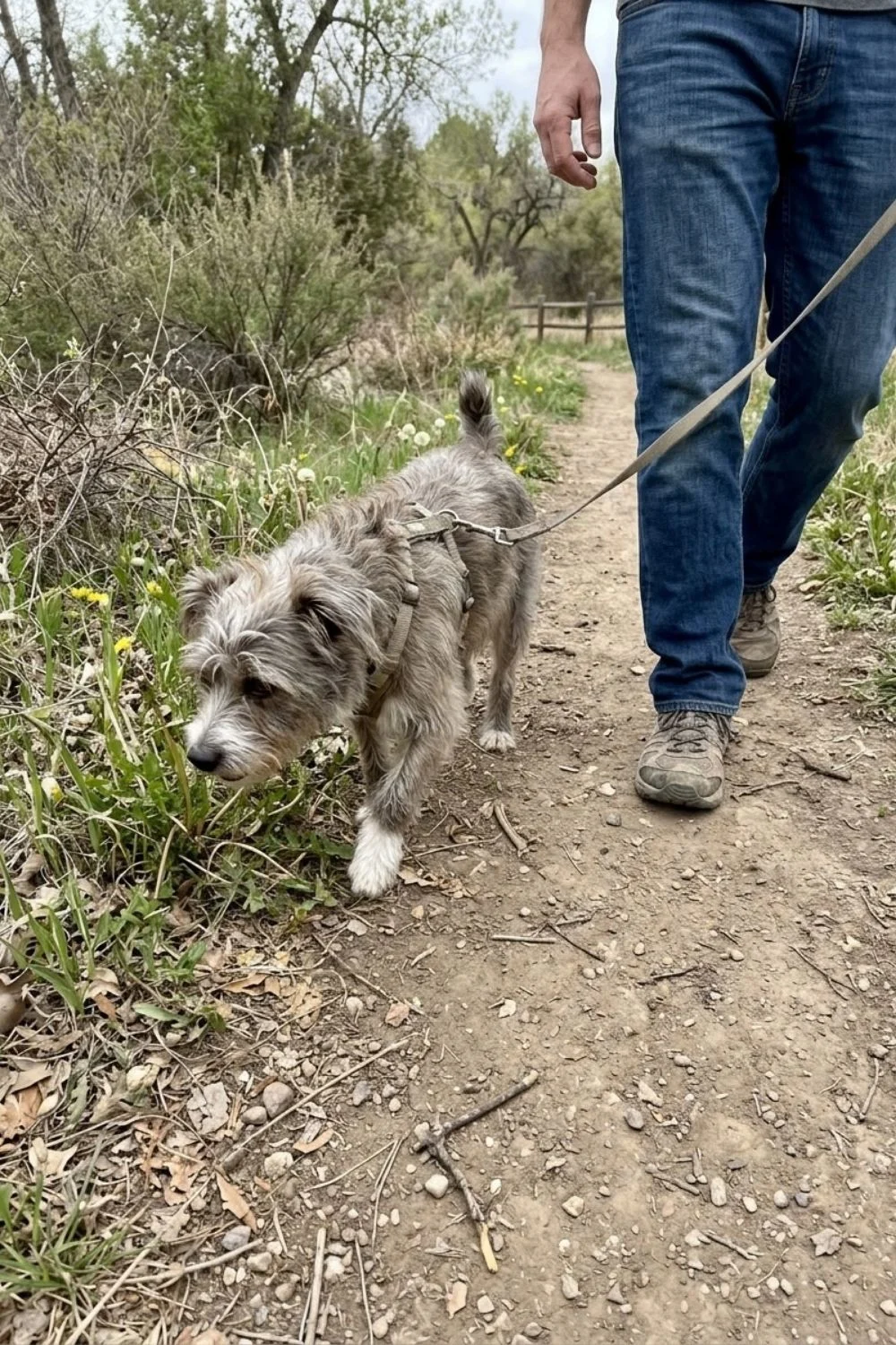 Shaggy terrier mix walking on a dirt trail with its owner.