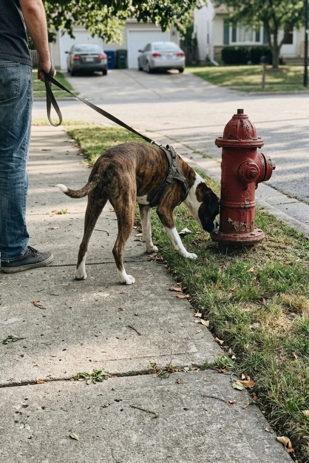 Brindle dog sniffing beside a fire hydrant during a neighborhood walk.