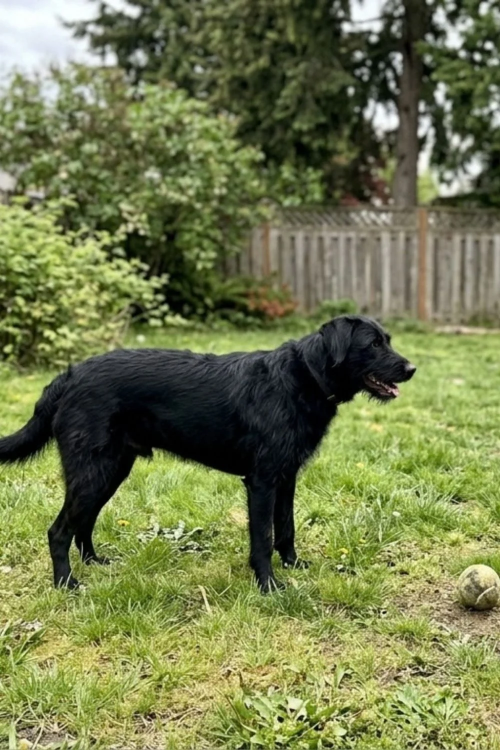 Black dog standing in patchy backyard grass.