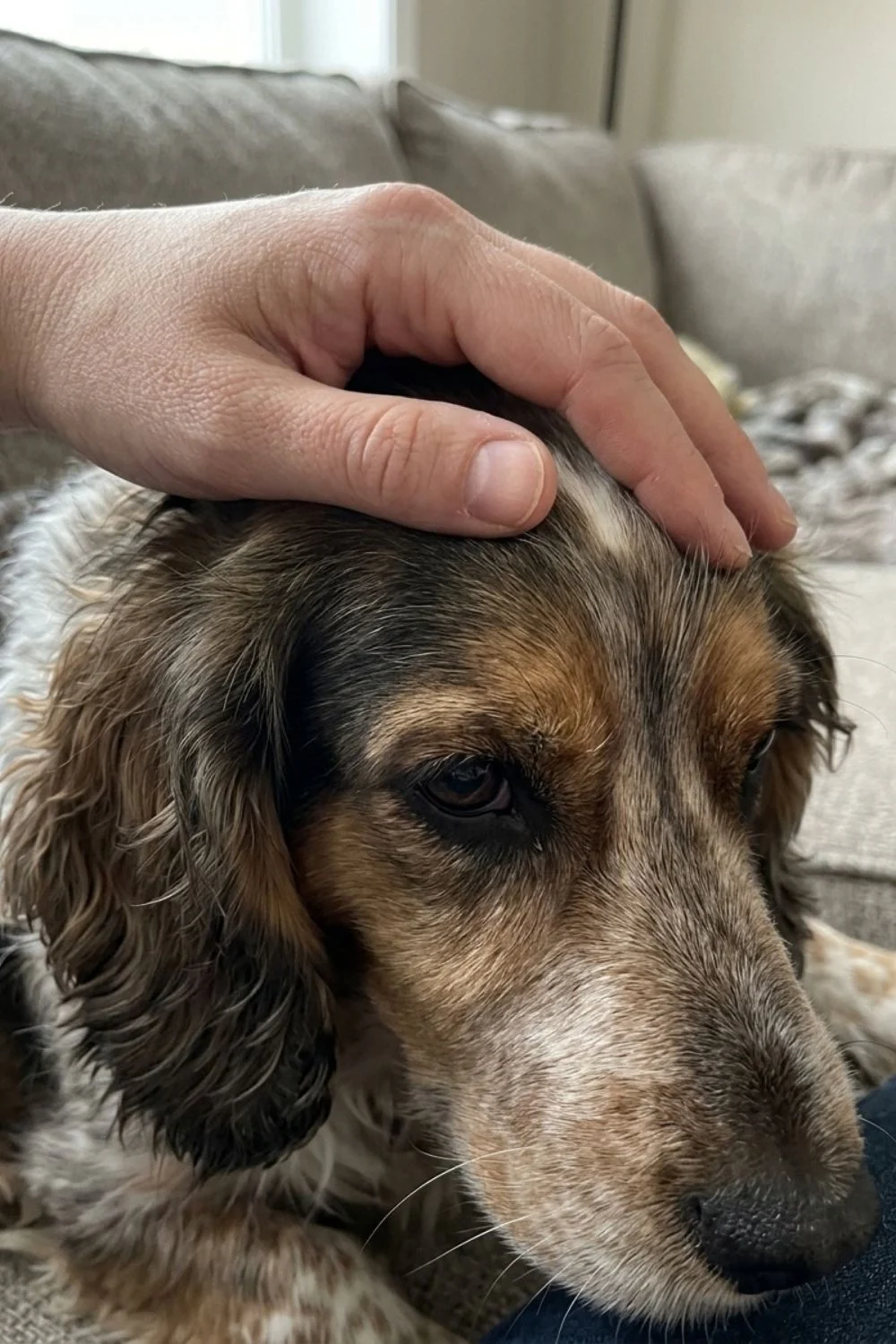 Brown spaniel resting close while an owner gently pats its head.