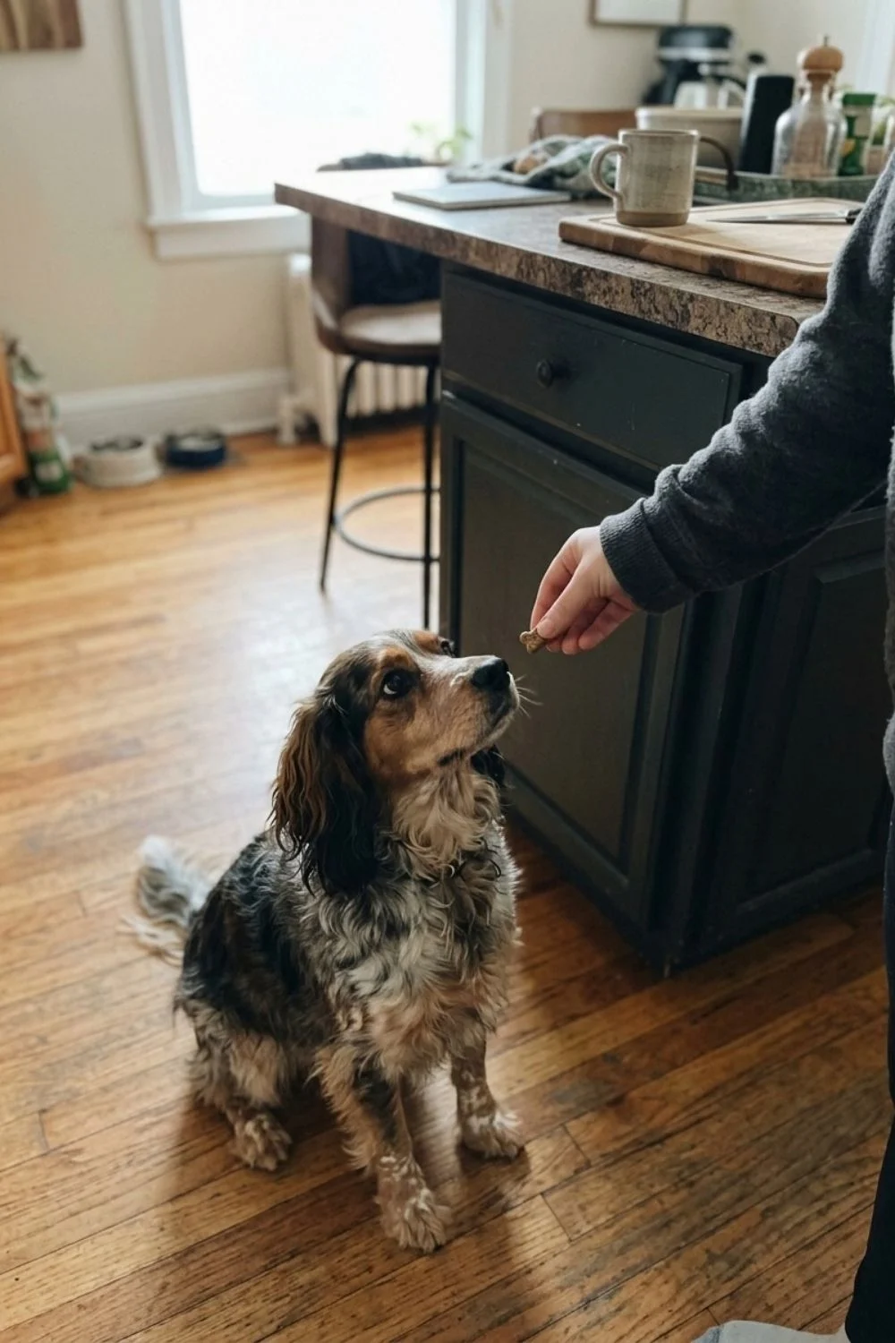 Small mixed-breed puppy sitting in a kitchen as an owner offers a treat.