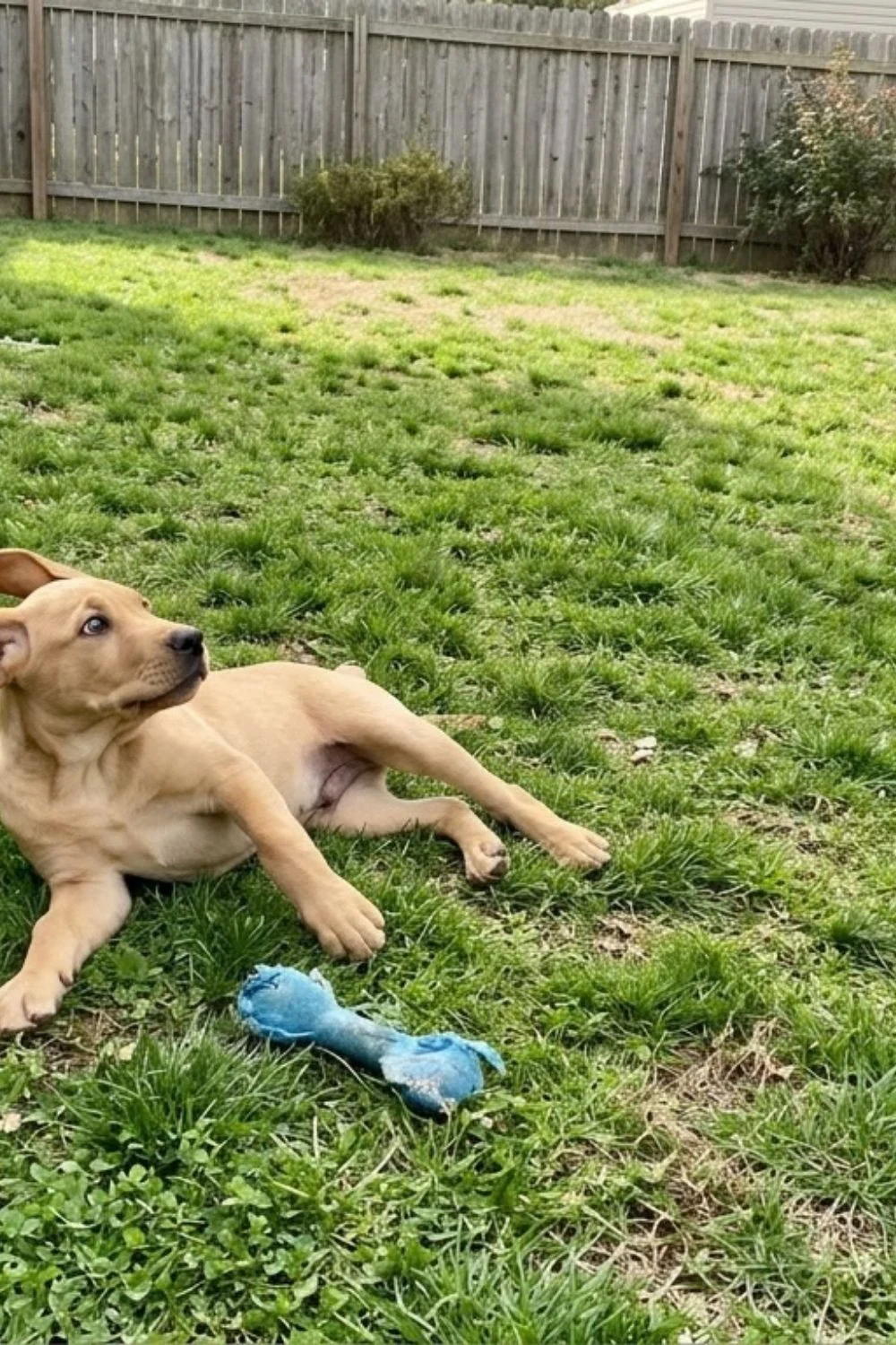 Tan dog lying in patchy backyard grass beside a blue dog toy.