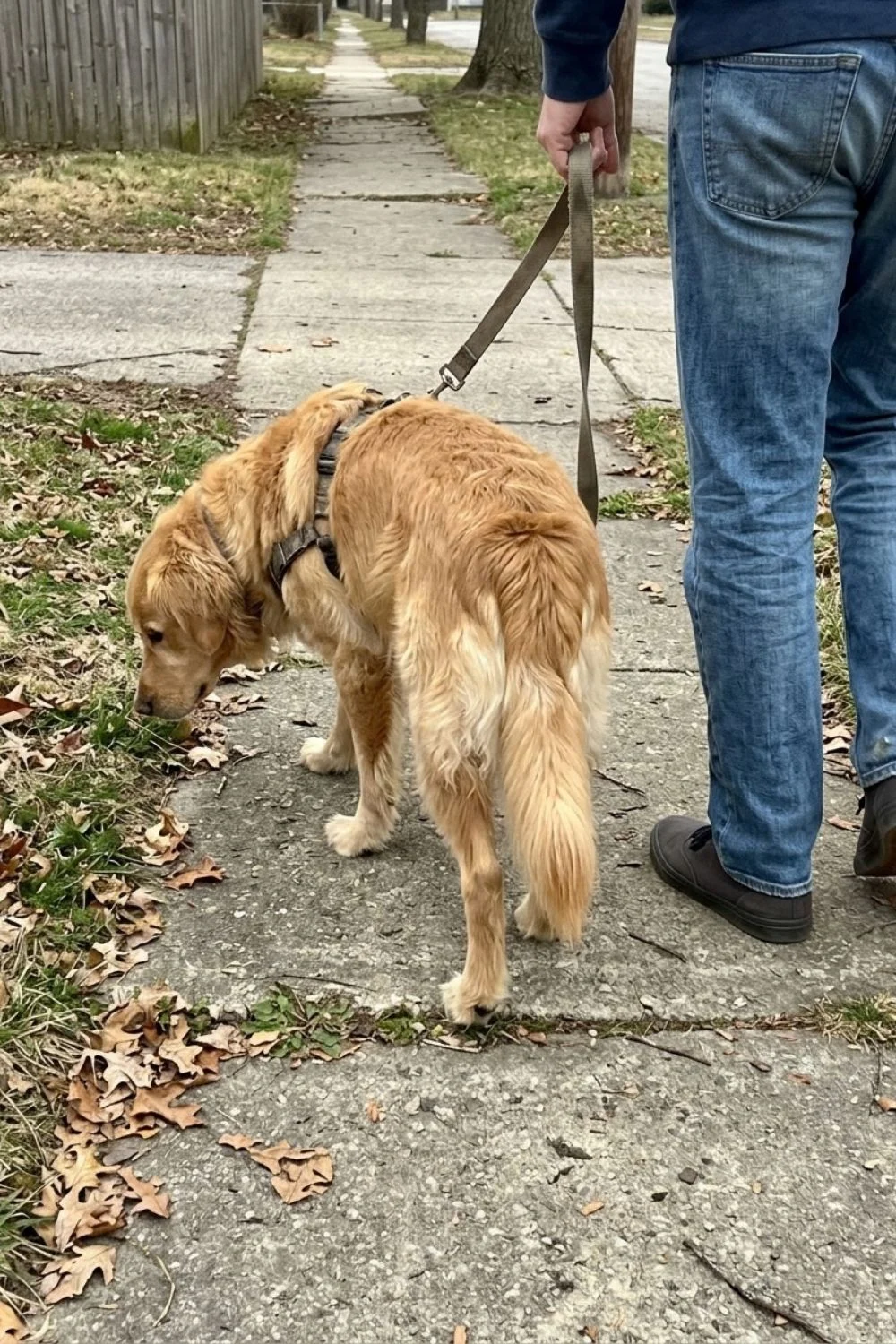 Golden retriever sniffing leaves beside its owner on a sidewalk.