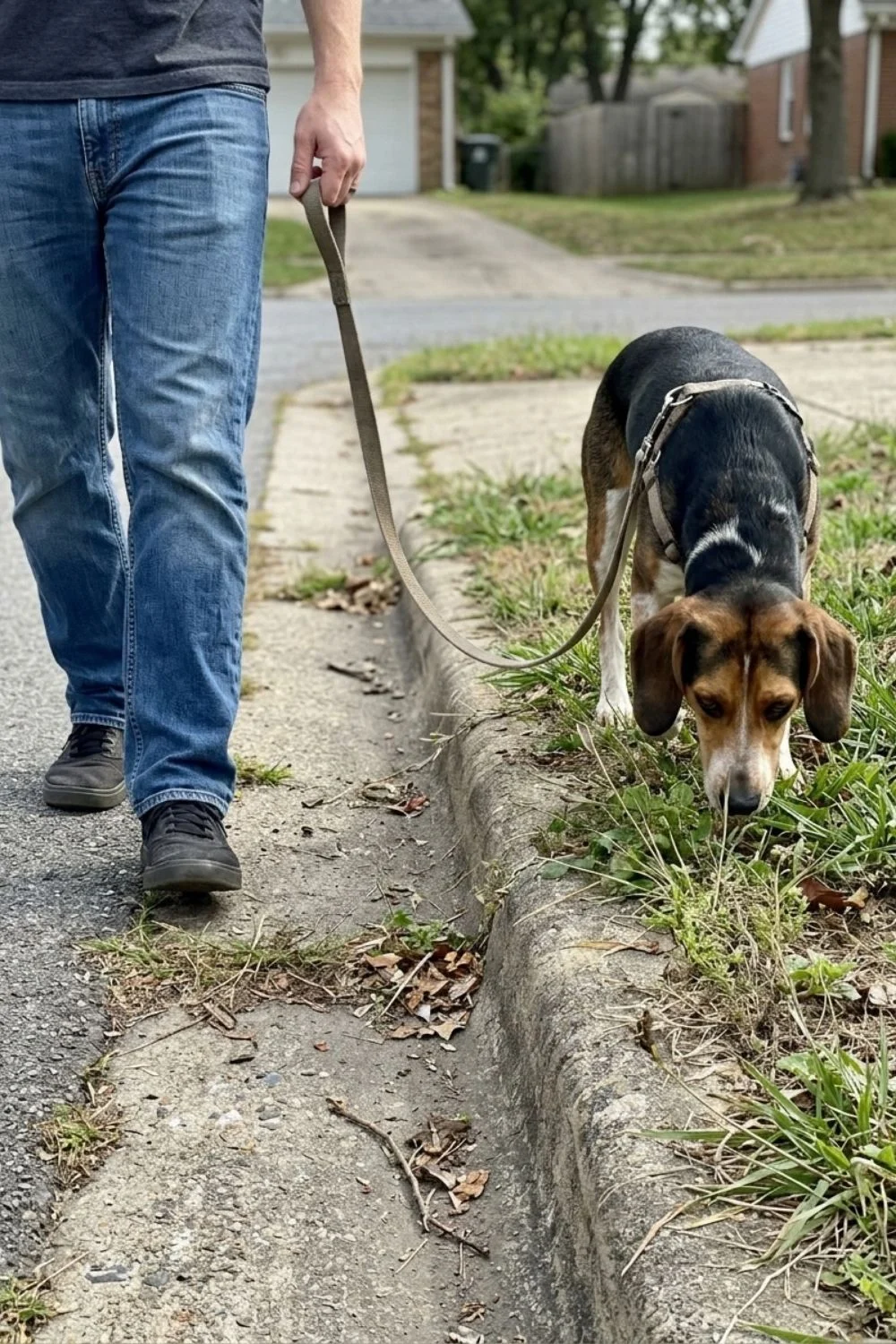 Beagle sniffing grass during a neighborhood walk with its owner.